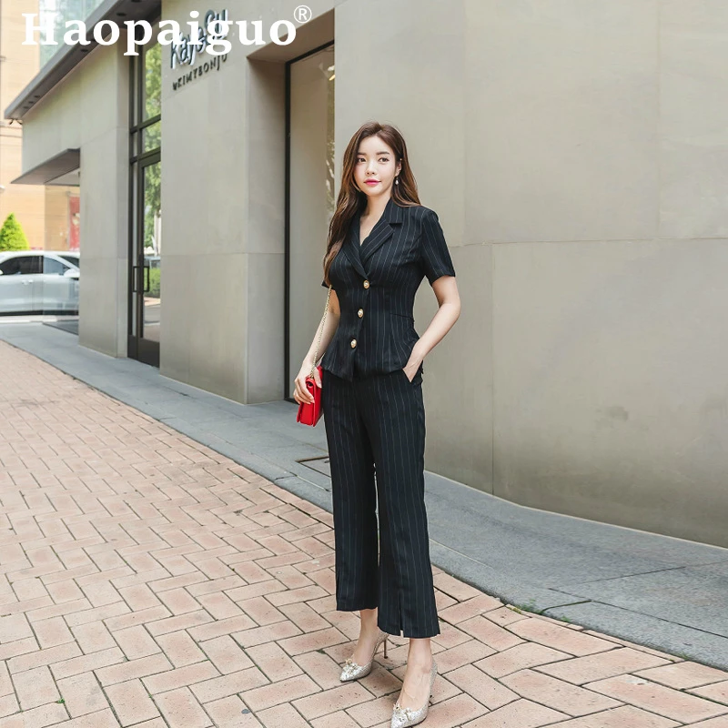 

Women's OL Office Work 2 Pieces Set Striped Short Sleeve Singer Button Blouse and Striped Sheath Long Pants Women Two Piece Set