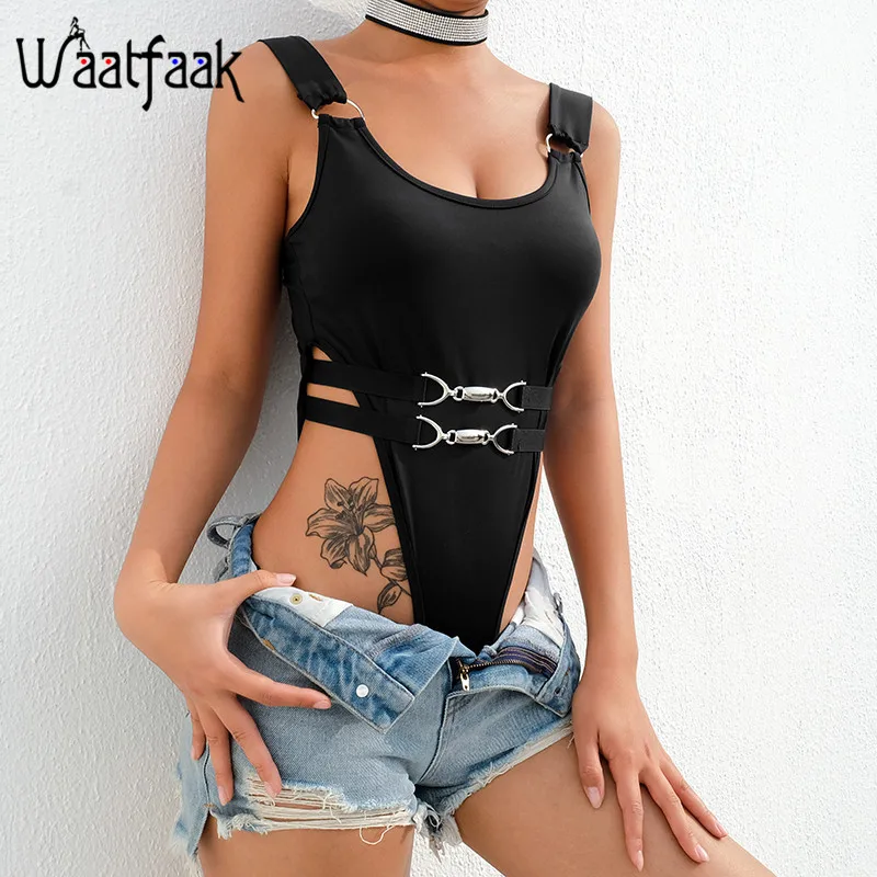

Waatfaak Button Patchwork Summer Jumpsuit Women Body Femme Black Bodysuit Sleeveless Bodycon High Waisted Knitted Ladies Strappy
