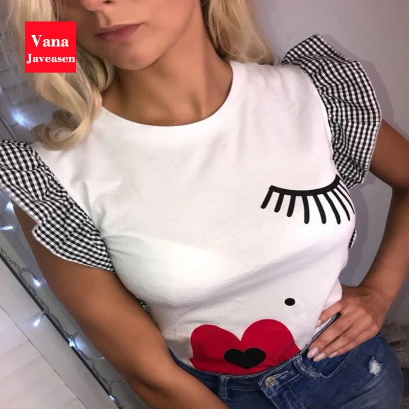 Vana Javeasen, женская модная футболка с оборками, ресницы, красные губы, принт, футболки с круглым вырезом, рукав-бабочка, женская одежда, Простые Топы