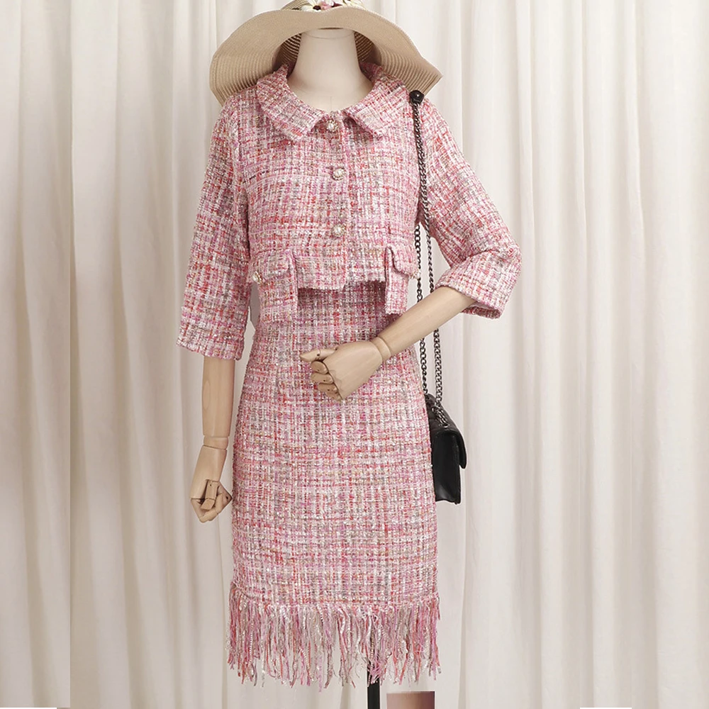 2018 Autumn Tweed Skirt Suit Set Causal Women Two Piece Set Short Jacket+Tassel Skirt 3/4 Sleeve Slim Pink Sets Woman Two Pieces