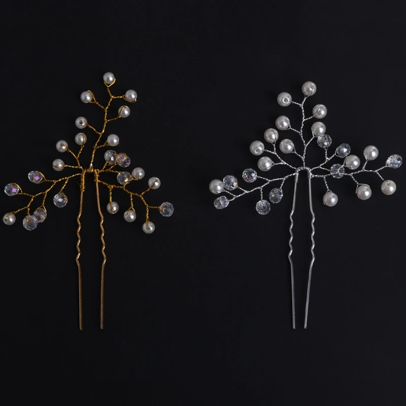 Shiny Wedding Hairpins Gold Silver Crystal Pearl Bride Hair Sticks