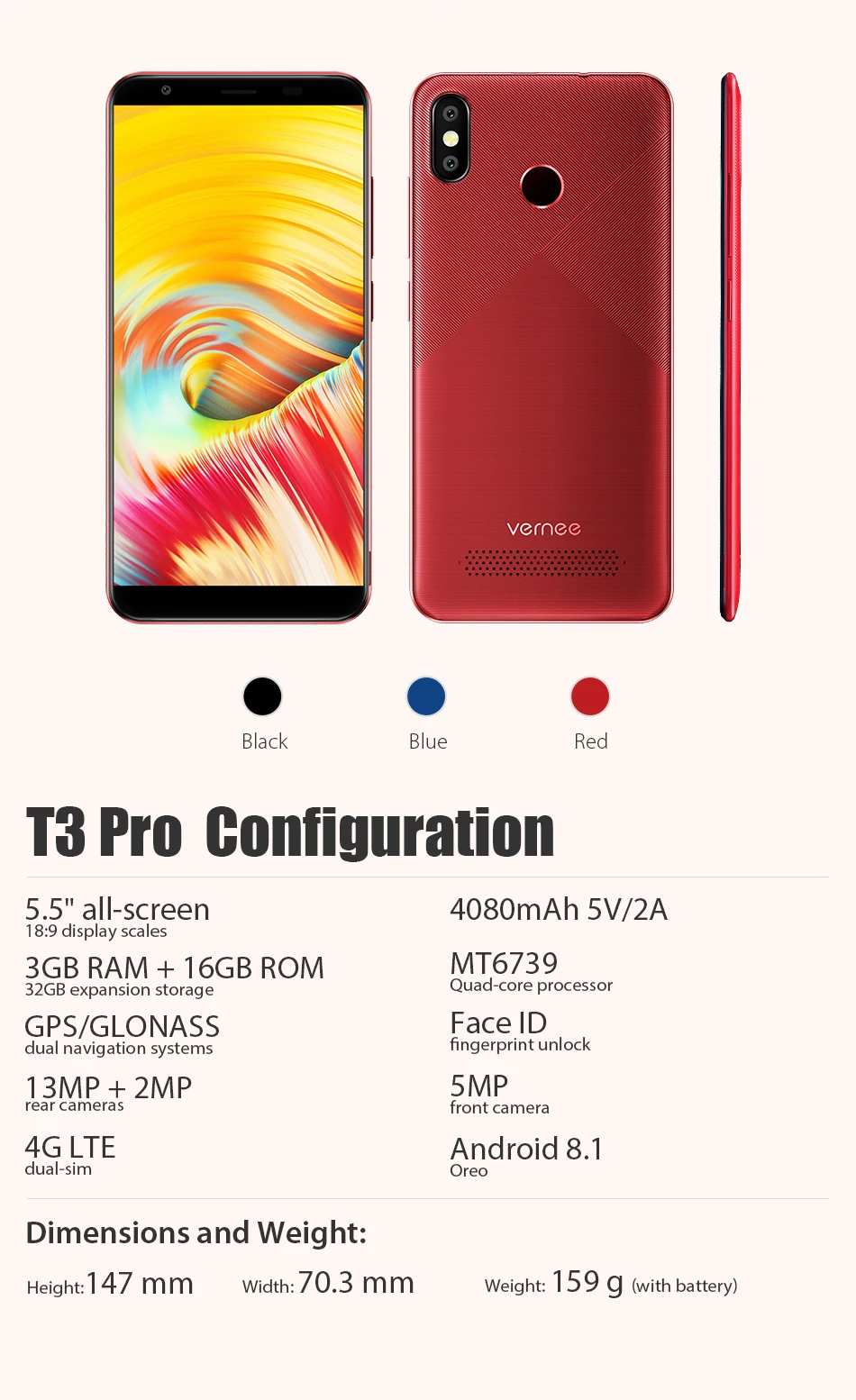 Смартфон Vernee T3 Pro 5,5 ''на весь экран, 3 Гб ОЗУ, 16 Гб ПЗУ, мобильный телефон, Android 8,1, MTK6739, четырехъядерный, 4080 мАч, 4G LTE, мобильный телефон