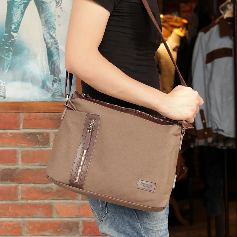 

2016 Summer New leather logo cool canvas shoulder bags for men with card pocket cell pockets inside canvas messnger bags on sale