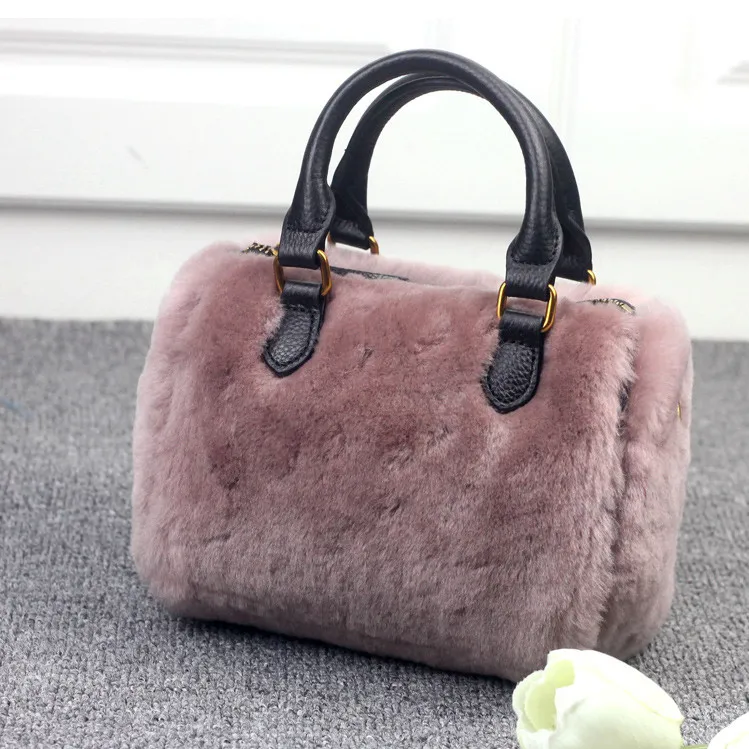 

women winter real sheep fur boston bag female real fur pink grey black one shoulder crossbody bag small warm tote bag