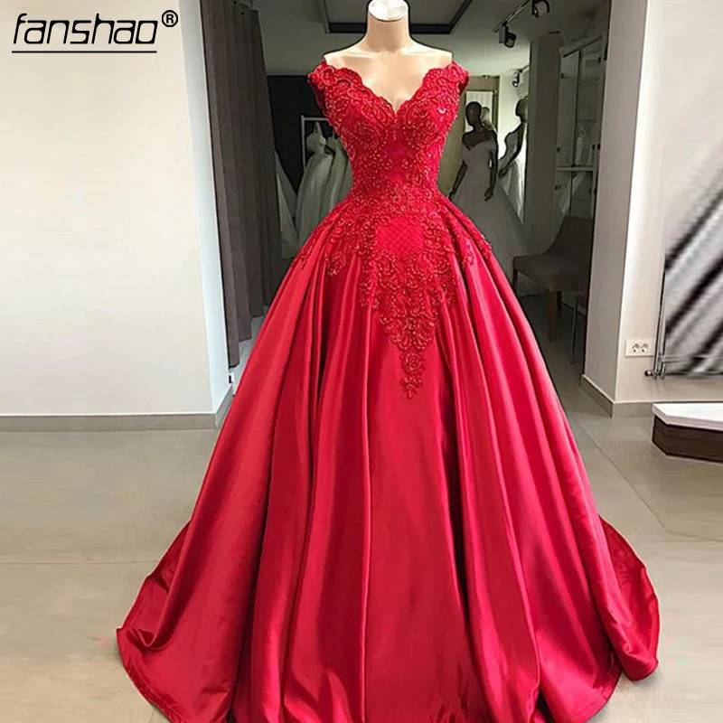

Red Puffy 2019 Cheap Quinceanera Dresses Ball Gown V-neck Off The Shoulder Pearls Party Sweet 16 Dresses