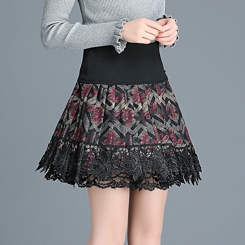 

Elegant Printed Women's Skirt Lace Mesh Patchwork Autumn Winter Woolen Pleated Skirts Ladies A-Line Elastic High Waist Mini Saia