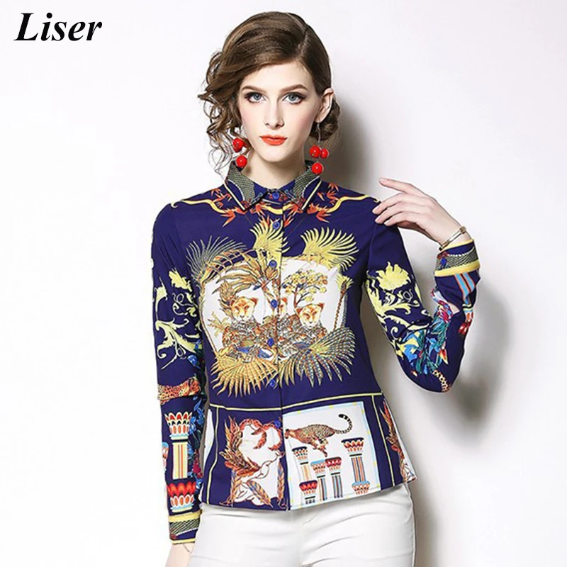 

LISER 2019 Autumn Shirts Womens Blouses Long Sleeve Shirt Runway Designer Tops For Women Top Brand Luxury Print Blouse Camisa