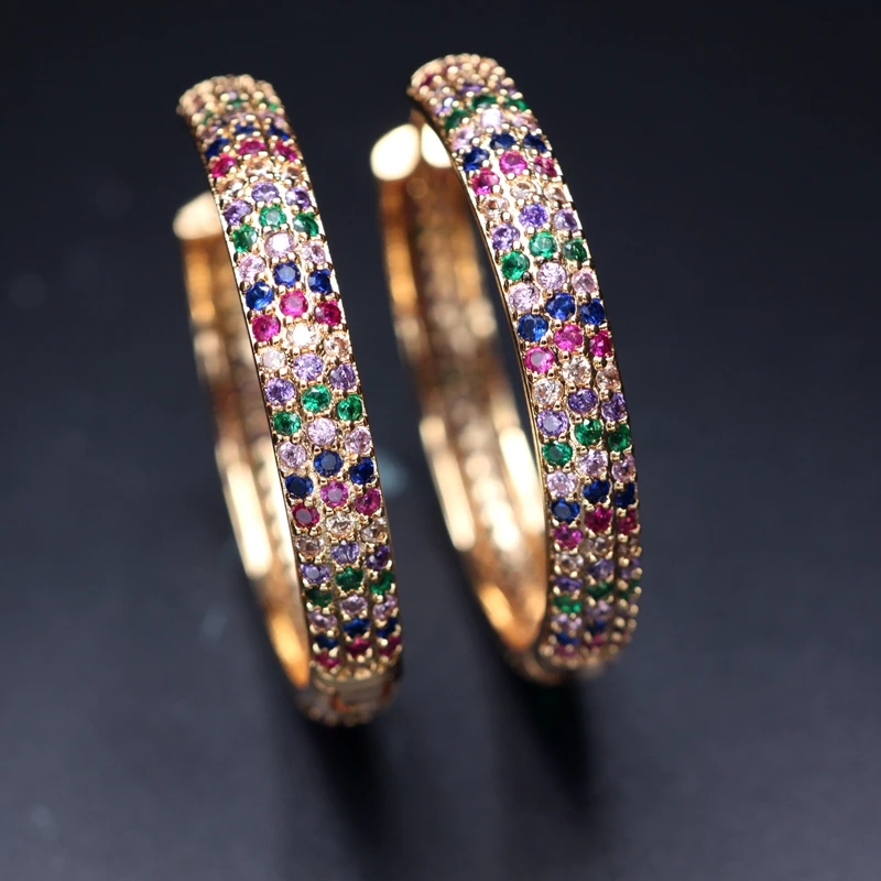 

Luxury Colorful Big Circle Hoop Earrings Full Paved Cubic Zirconia Gold Color charm Rainbow Punk Round Earrings Women Brincos