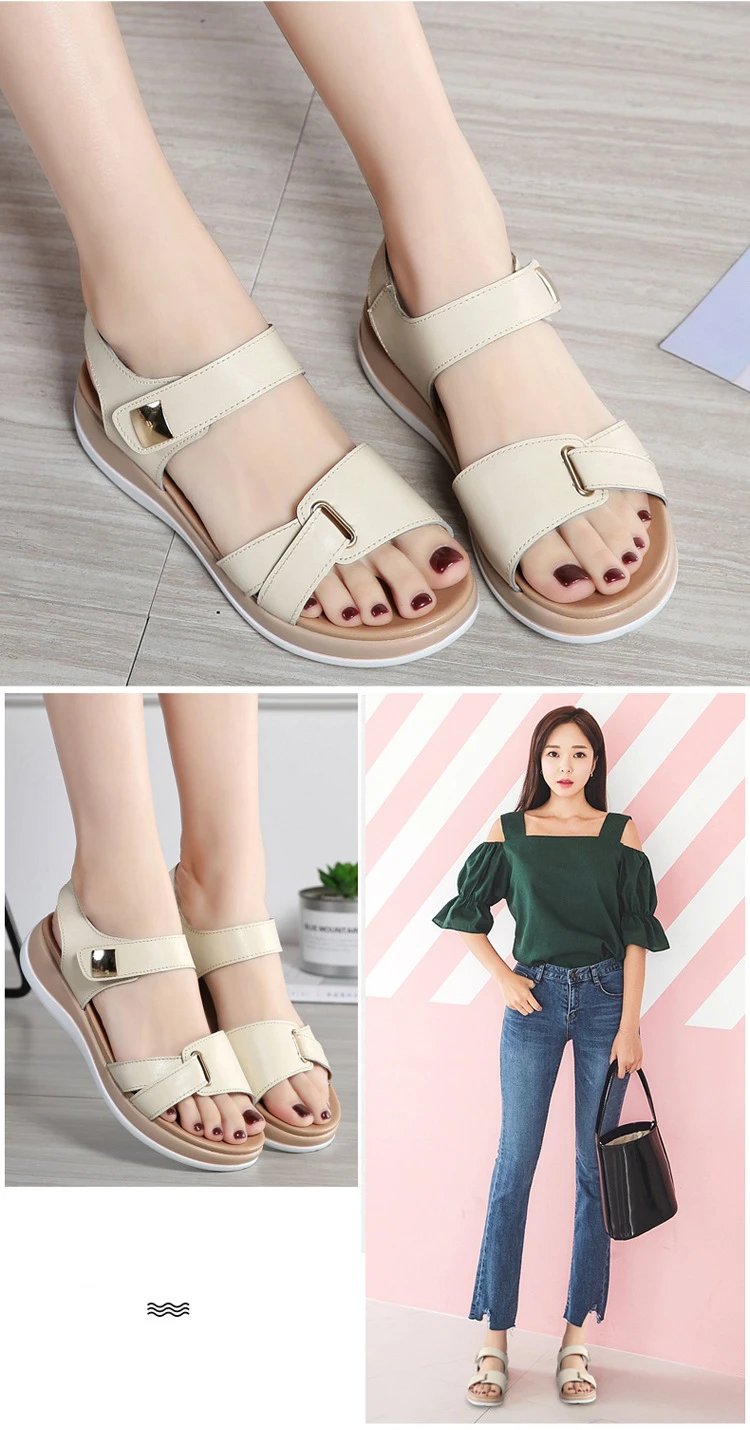 DONGNANFENG/Женская обувь из натуральной кожи; сандалии на плоской подошве; мягкая обувь на липучке в Корейском стиле; шикарные летние пляжные NM-1003-1
