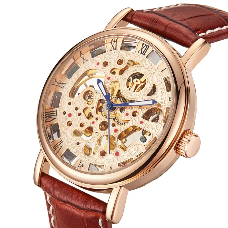 OUYAWEI Luxury Brand Men Watch Gold Skeleton Casual Watches Mechanical Hand Wind Wrist watches Man's clock Reloj Hombre men luxury brand casual gold full steel band skeleton automatic self wind mechanical hand wind goden relogio for man wrist watch
