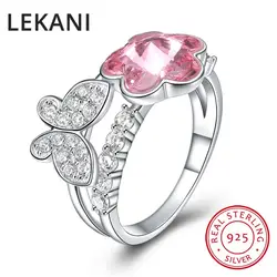 LEKANI милый романтический S925 Серебристые открытые кольца розовый цветок кристаллами от SWAROVSKI Регулируемая Баттерфляй палец украшения для