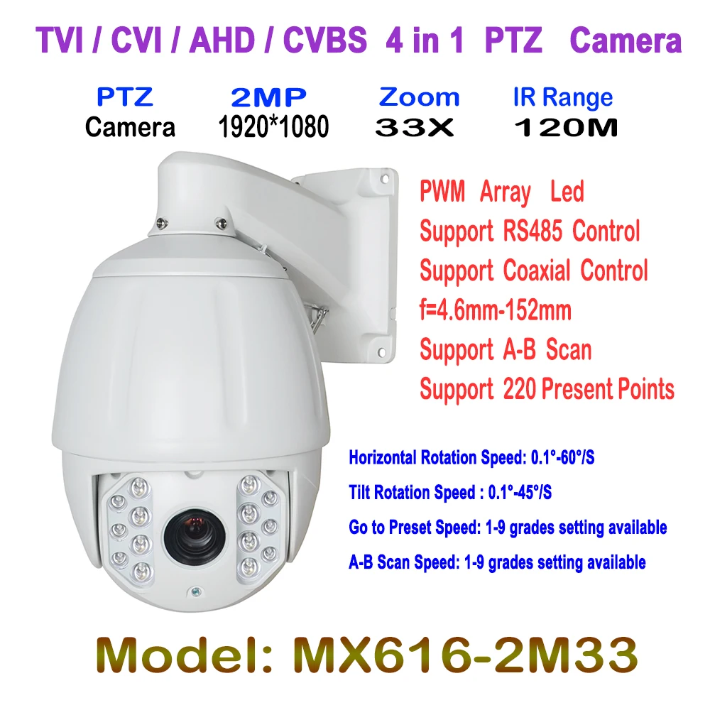 

7 Inch 4 In 1 AHD/CVI/TVI/CVBS PTZ Camera 33X Zoom,1/3 " SONY 323 CMOS 120M IR Security CCTV Middle High Speed Camera Waterproof