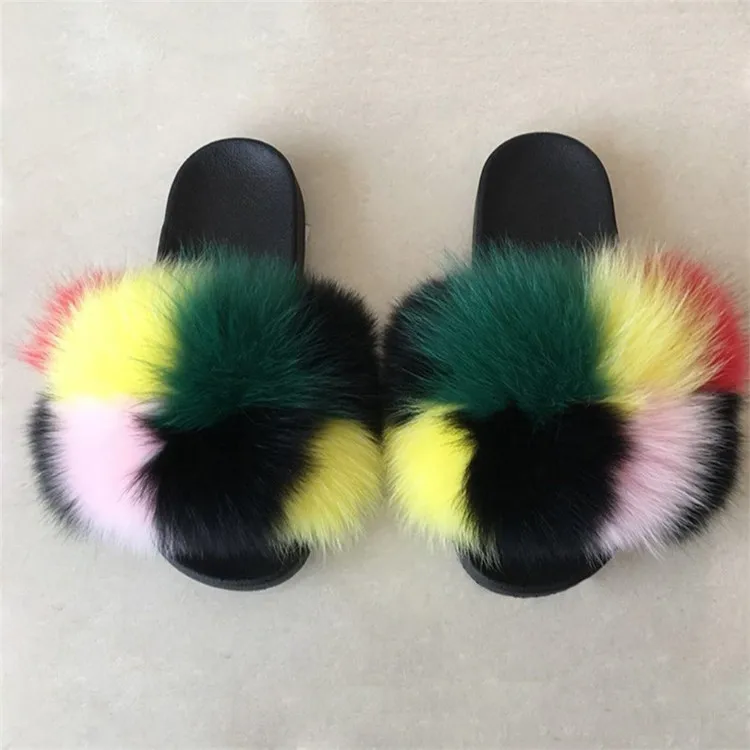 Women Fox Fur Slippers Real Fox Fur Slides Lovely Plush Slippers Woman Summer Home Sandals Women Fur Slides Furry Flip Flops Hot - Цвет: as pic shows 18