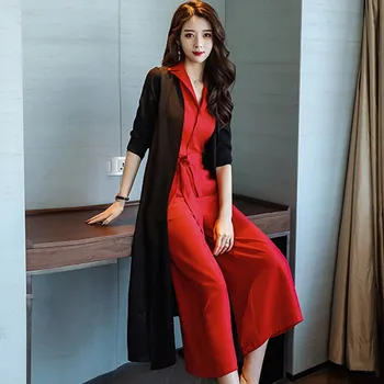 

2 Pieces Elegant Ladies Sets 2020 Spring Fashion Women Sashes Jumpsuits and Long Cloak Coat Sets OL Fashion Women Suits WS150