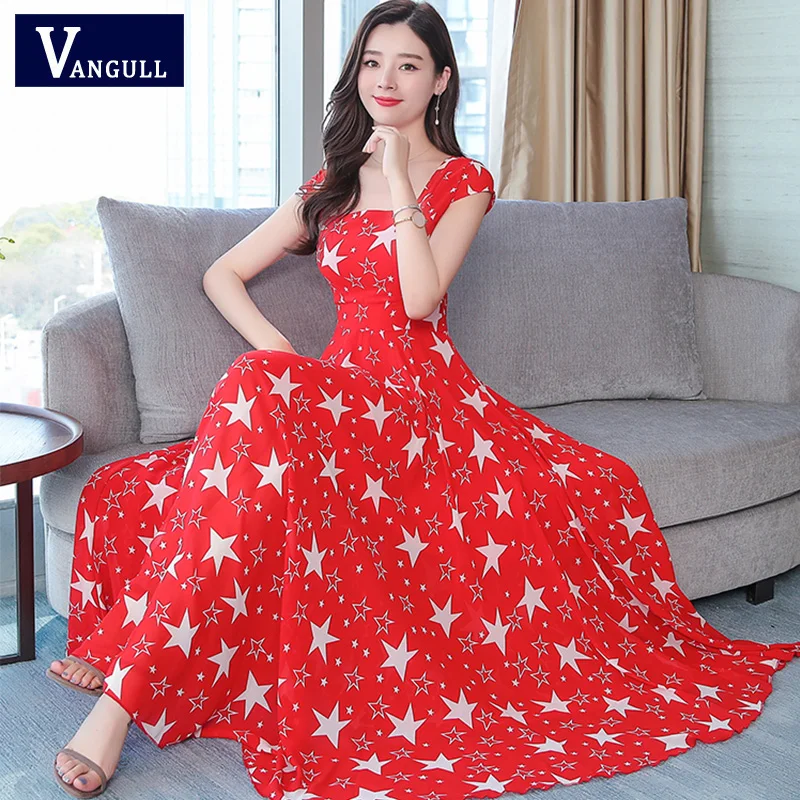 

Vangull Plus Size 4XL Women Dress Bohemian Dresses Print Summer Dress Short Sleeve Ruffles Long Maxi Dress Slim Ladies Vestidos
