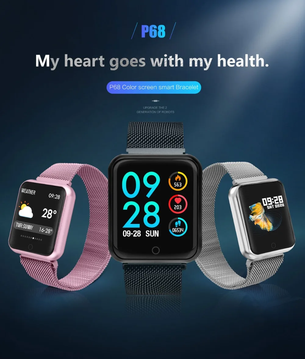 Bluetooth умные часы P68 с поддержкой кровяного кислорода, давления, сердечного ритма, IP68 Водонепроницаемые спортивные Смарт-часы для xiaomi huawei iphone