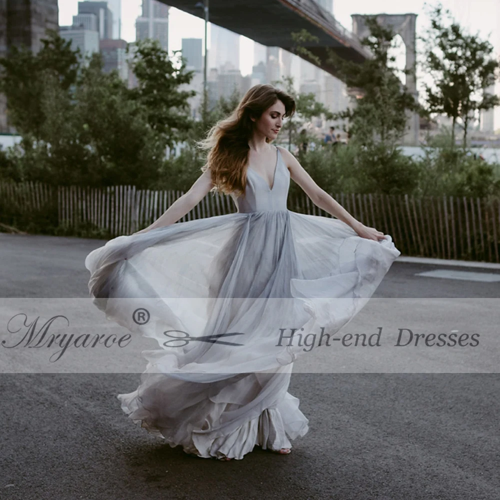 Mryarce 2019 Gray and Blue Printed Silk Chiffon Wedding Dress Hand-painted Fancy Open Back Bridal Gowns  (4)