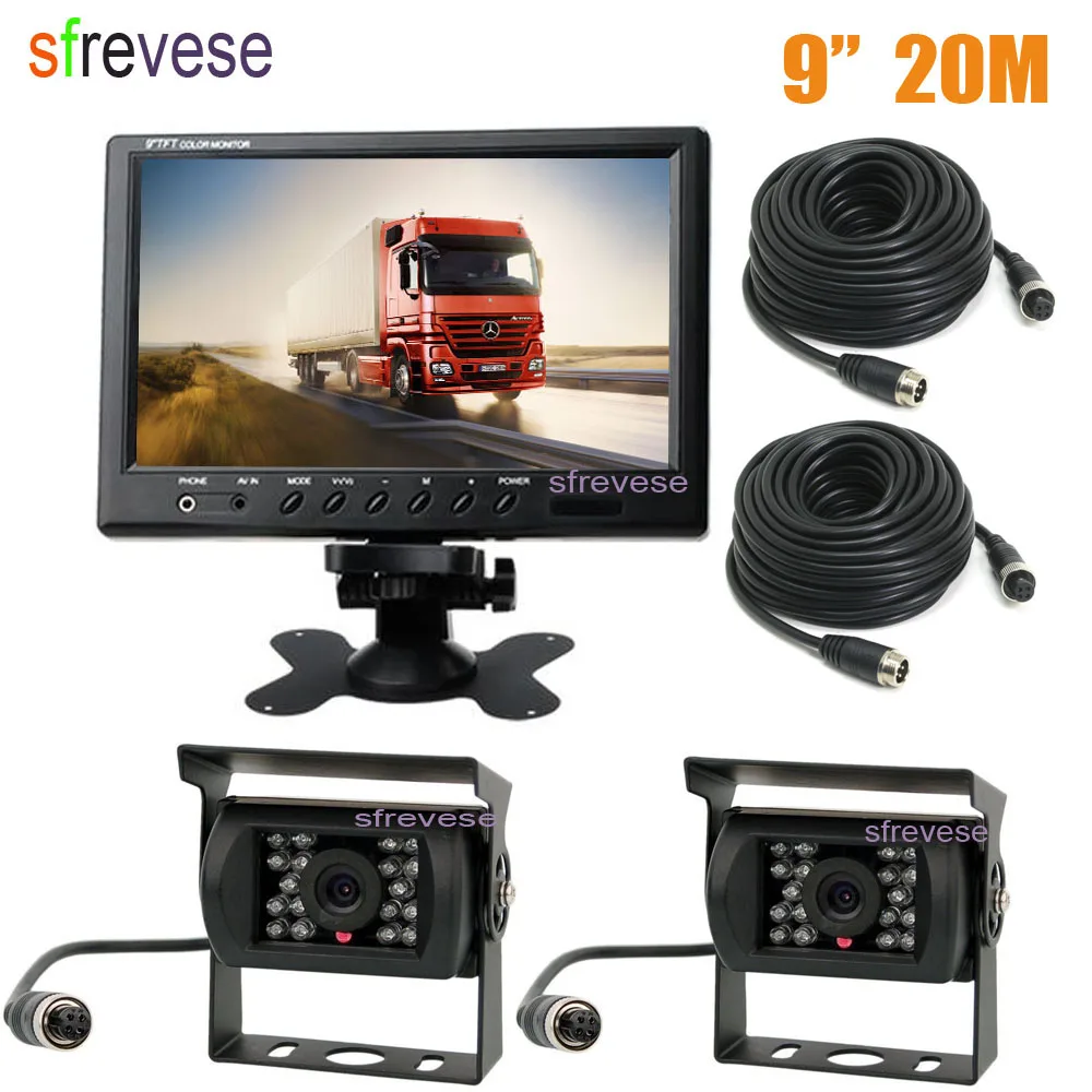 

9" Car Vehicle LCD Monitor + 2x 4Pin 18 LED IR Night Vision Parking Backup Reversing Camera 20m Cable for Bus Truck Motorhome