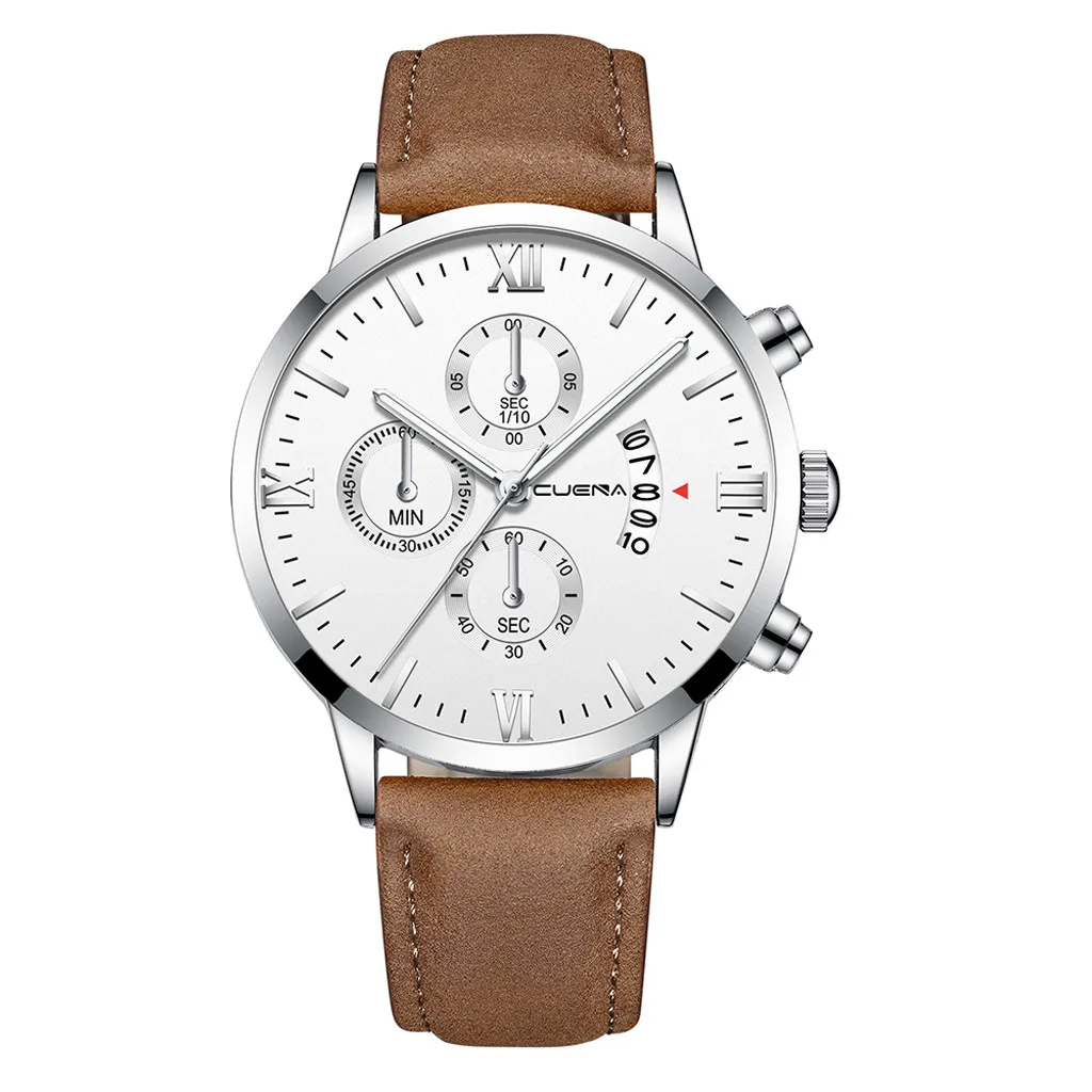 CUENA Brand Men's Wrist Watch Sport Stainless Steel Case Leather Band Quartz Analog watch man watches mens relogio masculino