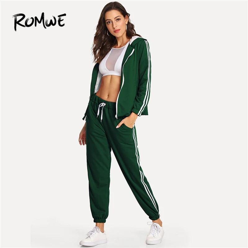 

ROMWE Green Stripe Contrast Side Hooded Jacket With Drawstring Pants Women Casual 2019 Autumn Two Piece Female Two-piece Outfits
