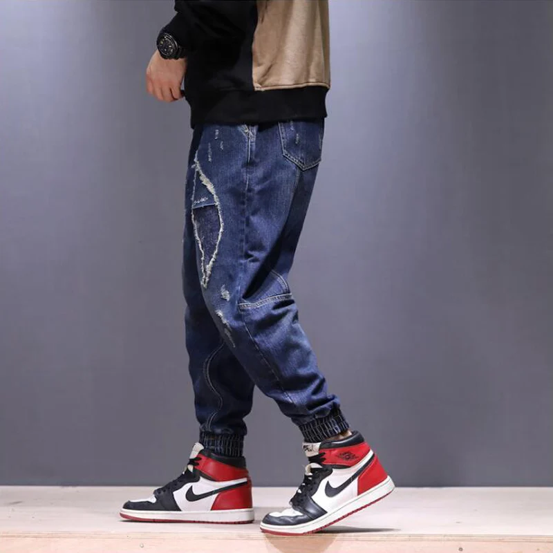 

Punk Style High Street Men Jeans Fashion Jogger Pants Vintage Design Ankle Banded Ripped Jeans For Men Hip Hop Spliced Jeans Men