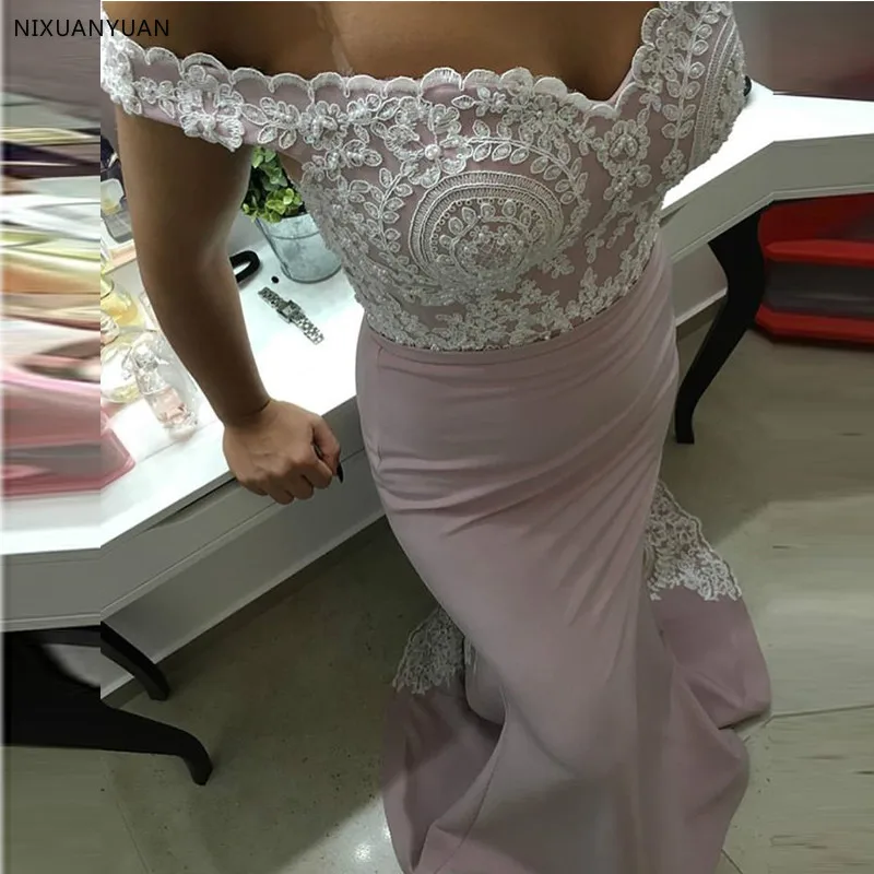 

Off The Shoulder Evening Dresses Appliques Beaded Formal Evening Party Dresses New Arrival Nude Pink Women Trumpet Mermaid Dress