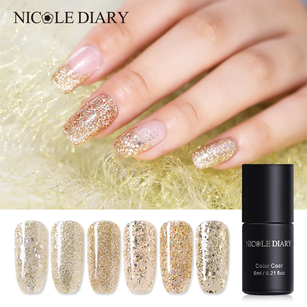 Гель лак для ногтей NICOLE DIARY 6 мл цвета шампанского золотистый блестящий УФ в