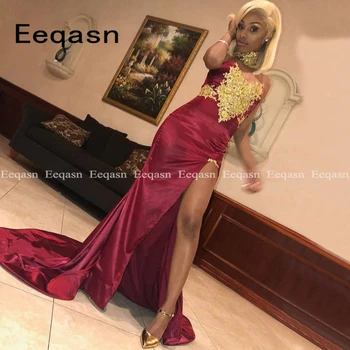 

2020 Burgundy Mermaid Prom Dresses Sexy Backless V Neck Split Evening Gowns for Women Black Gold Lace Celebrity Party Gowns