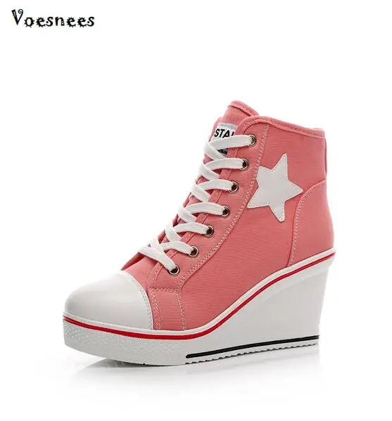 

New Autumn Female Shoes Boot High Heels 8 CM Student Shoes Casual Canvas Shoes Platform High Top Ankle Boots Ladies Hidden Wedge