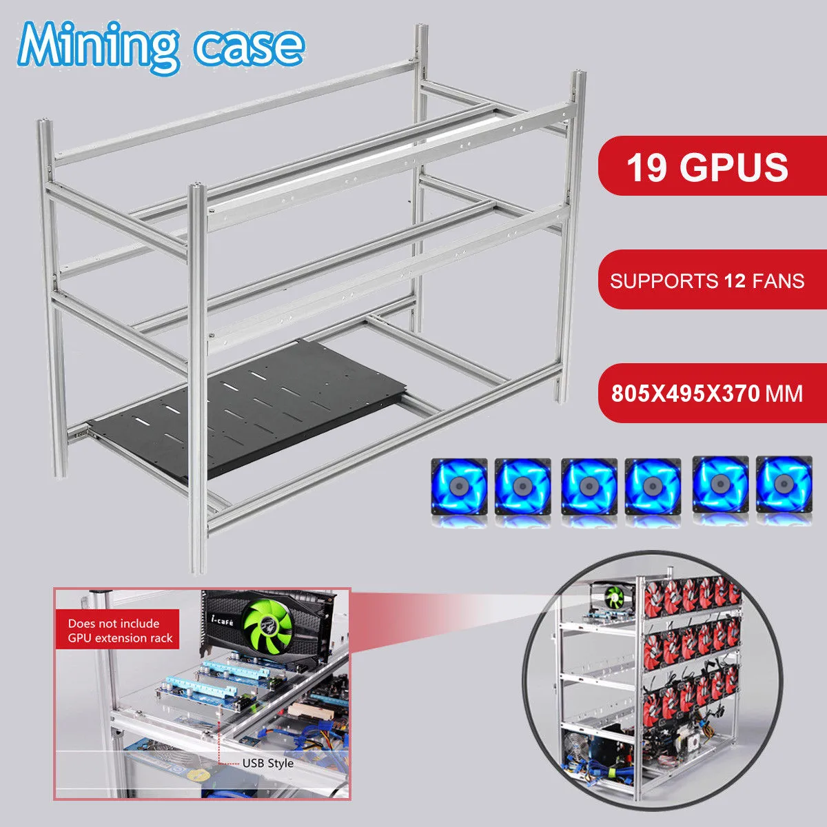 

Stackable Open Air Mining Rig Frame Miner Case For 19 GPU ETC BTH 3 Power Supply Computer Mining Case Frame With 12 Fans