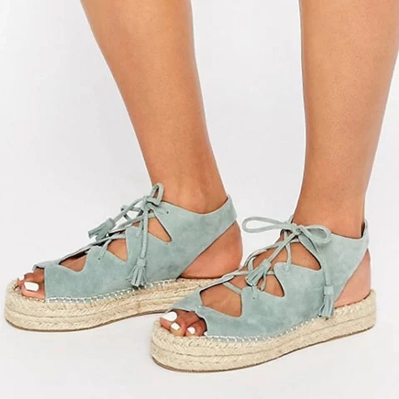 

LOOZYKIT Summer Flat Heel Shoes Platform Sandals Open Toe Lace Up Plus Size 43 Women Elevator Shoes Soft Straw Hemp Rope Shoes