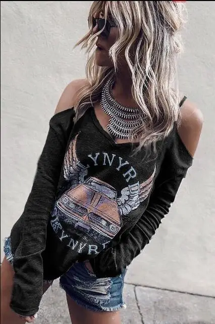 2019 Модная стильная Стиль женщин v-образным вырезом с открытыми плечами Длинные рукава футболки High street в стиле хип-хоп панк Стиль