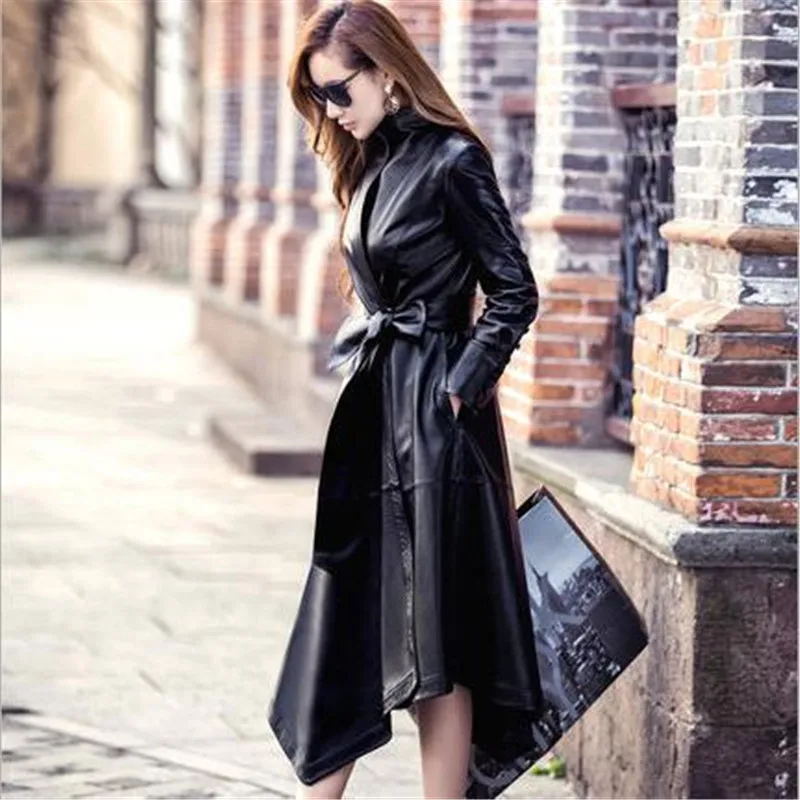 

Ladies Long Faux Leather Jackets And Coats With Belt Women Fashion Irregular Hem Fake Sheep Skin Jackets High Quality A3640