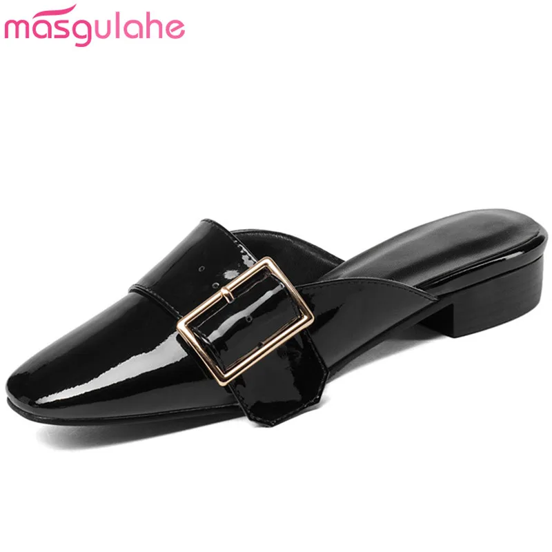 

Masgulahe black white fashion spring summer shoes woman square toe casual mules shoes square heel genuine leather slippers