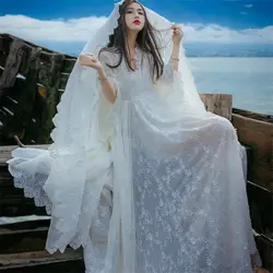 2019 весеннее Ретро женское длинное сказочное кружевное платье с v-образным вырезом и расклешенными рукавами белое праздничное платье