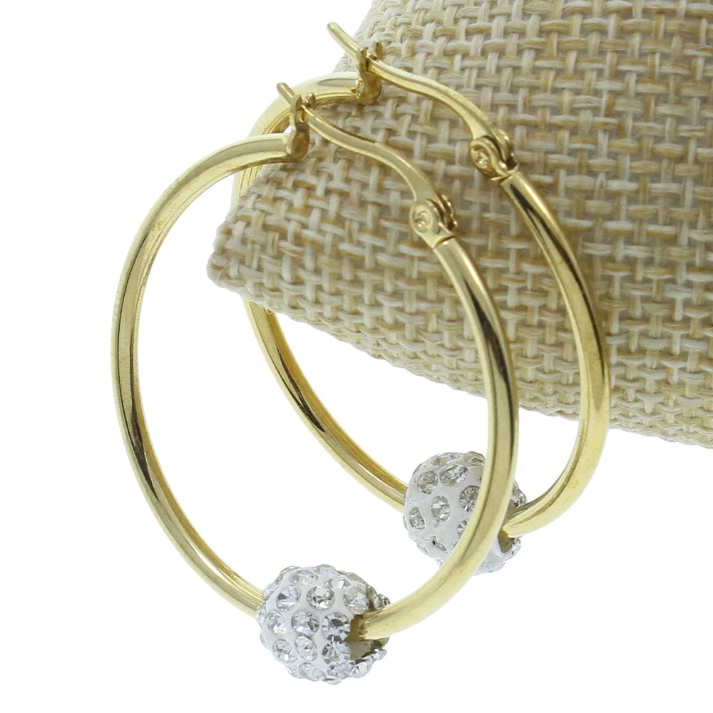 Gold color Stainless Steel Hoop Earring Punk Jewelry Rhinestone Ball