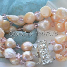Shitou 00489 3row 13 мм розовый барокко пресноводного жемчуга граненый кристалл браслет