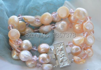 

shitou 00489 3row 13mm pink baroque freshwater pearl faceted crystal bracelet