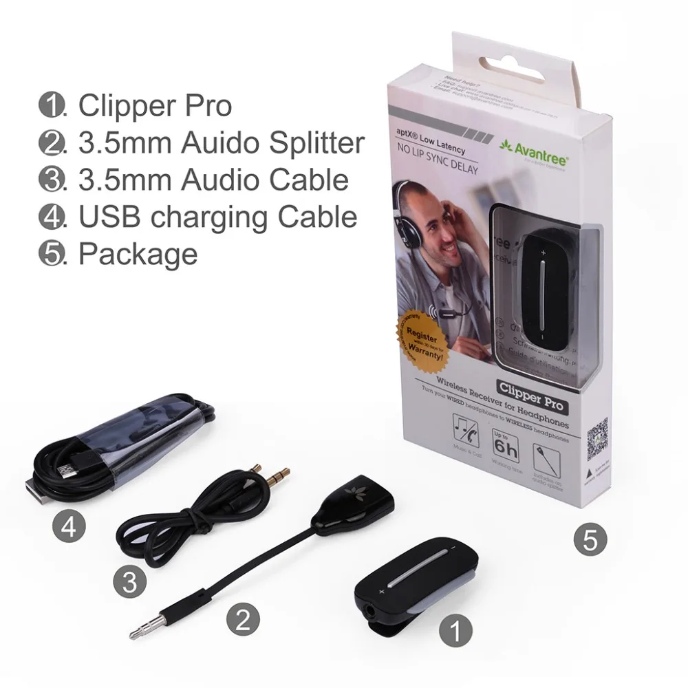 Bluetooth адаптер Avantree aptX с низкой задержкой для наушников зажимом/микрофоном BT 4 2