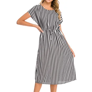 

CHGOISIO 2019 New Summer Women Dress Casual Vintage Striped Print Short Sleeve O-neck Mid-calf Dresses Robe Femme 9617