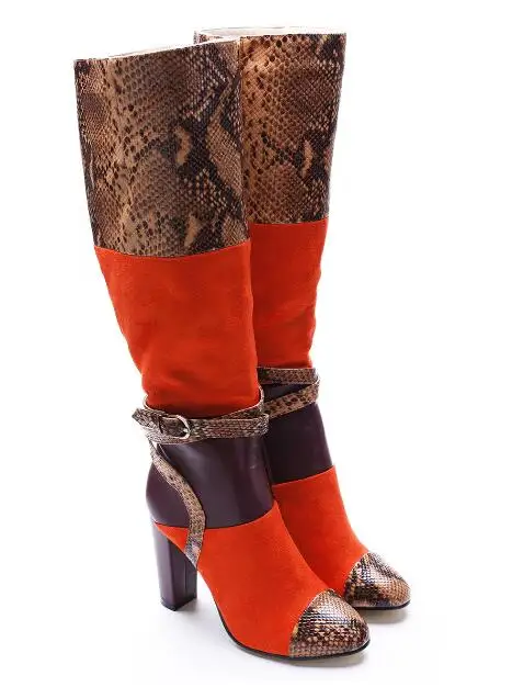 

Winter woman mixed colors chunky high heel round toe knee-high boots Fashion snake skin suede super high heel long boots