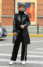 2016 Womens Sheep Leather Long Jackets Real Leather Overcoats Turn-down Collar with Waistband Winter Windproof Coats AU00906