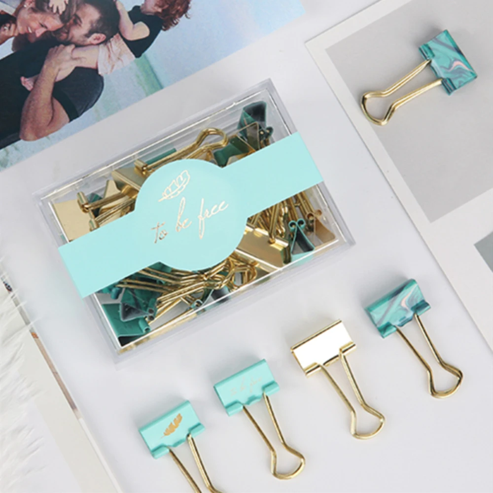 light blue medium metal binder clips holder dispenser paper calmp gold office school fold back clip