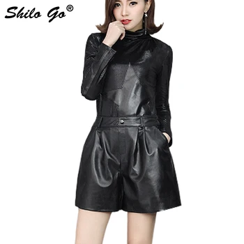 

Leather Shorts Womens Autumn Fashion sheepskin genuine leather Shorts concise stretch high waist Loose wide leg Shorts