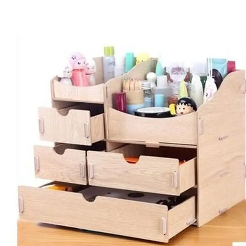 Коробка для хранения косметики деревянная настольная стойка ящик Органайзер для макияжа ручной работы Diy сборка ювелирных изделий контейнер офисный чехол - Цвет: Цвет: желтый