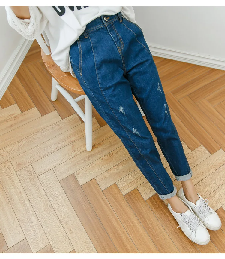Модные весенне-осенние джинсы для женщин в стиле бойфренд винтажные с высокой талией с эффектом потертости и пуговицами черные, синие джинсовые шаровары размера плюс XL-5XL