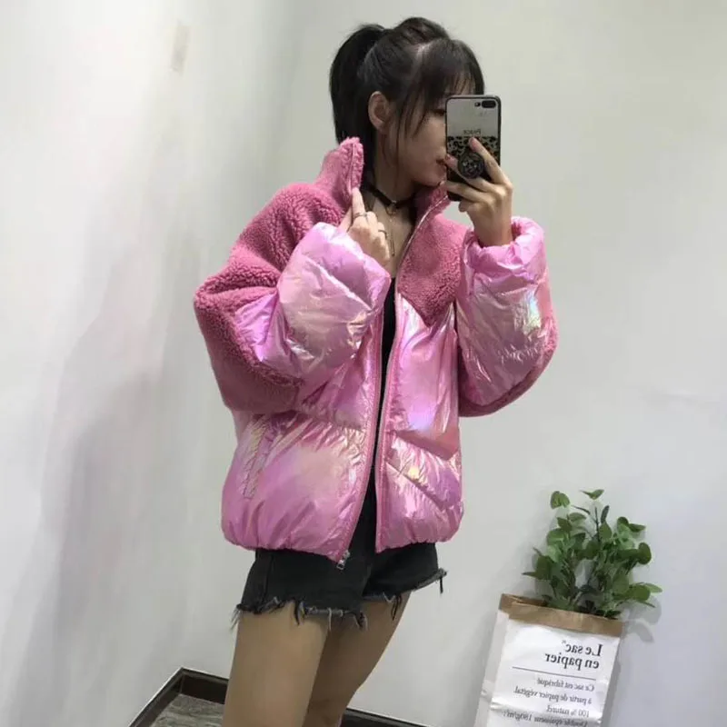 

Pink parka pacthwork white duck down jacket stand collar real price sheep fur coat plus size winter clothing women regular style