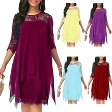 Новинка, весеннее женское повседневное свободное элегантное платье с коротким рукавом и круглым вырезом, однотонное шифоновое кружевное платье большого размера