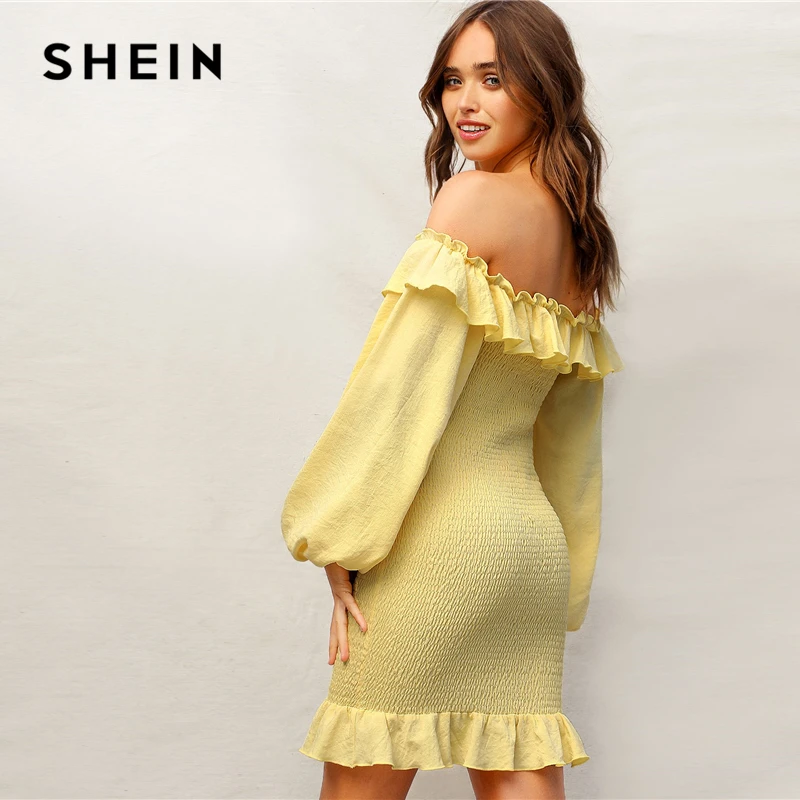 SHEIN Стильное Платье С Открытыми Плечами И Оригинальным Рукавом Женское Летнее Желтое Богемное Платье С Длинными Рукавами