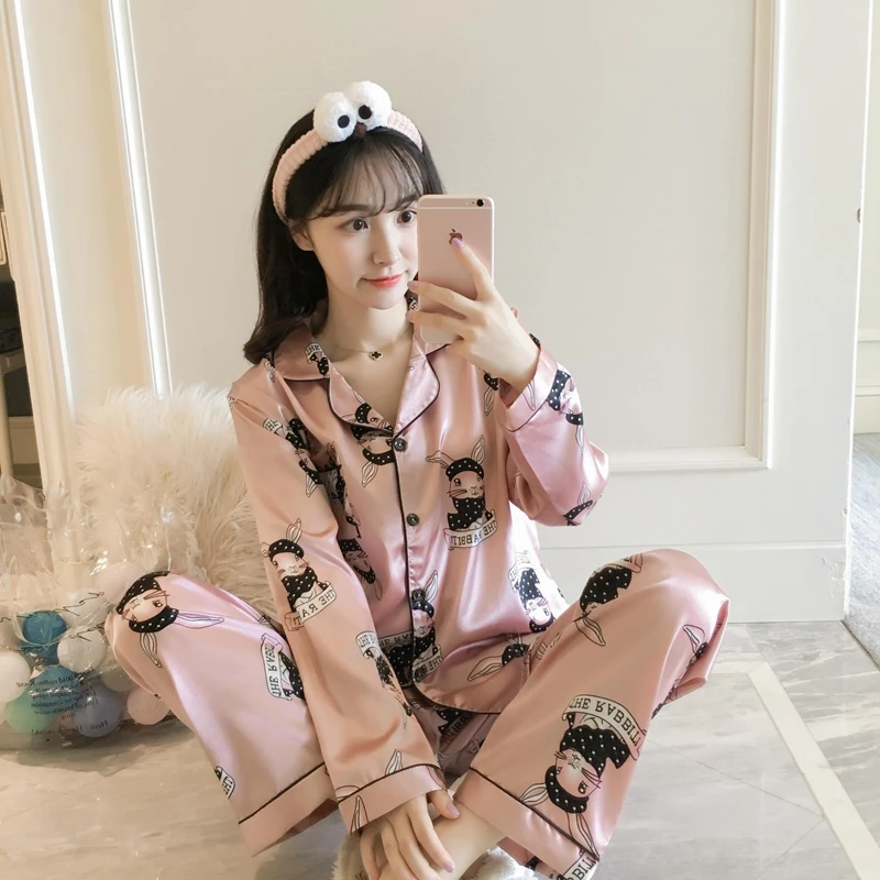 Женские шелковые пижамы пижамный комплект с длинным рукавом пижамы Pijama костюм женский сна комплект из двух предметов Loungewear плюс размеры